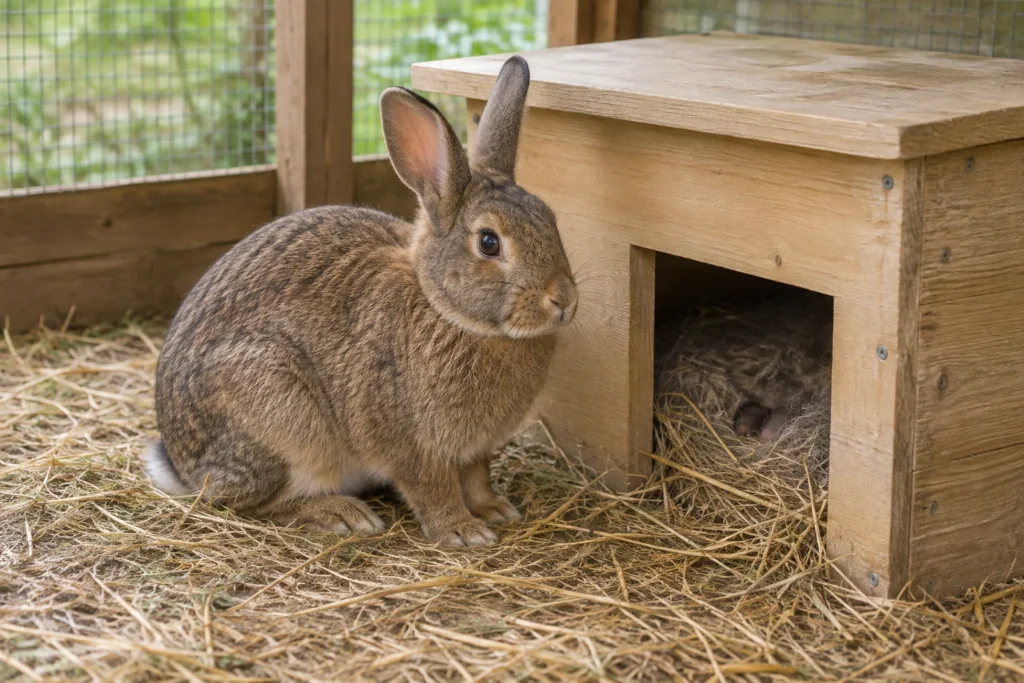 Bruin konijn naast een overdekte houten nestkast met jongen in het nest.
