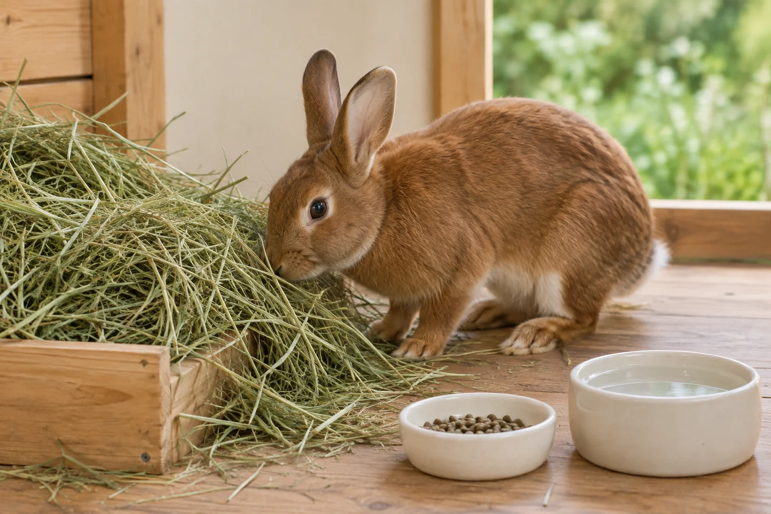 Bruin konijn bij een stapel hooi, met een bakje brokjes en een bakje water op een houten vloer.