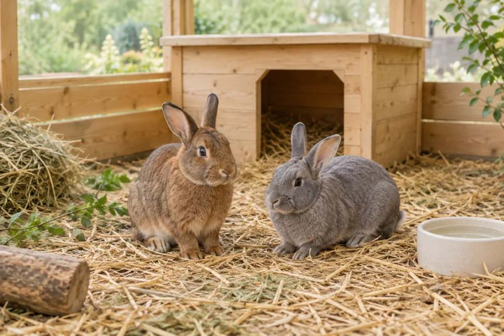 Een bruin en een grijs konijn zitten op stro voor een houten schuilhok, met hooi en een waterbak naast hen.
