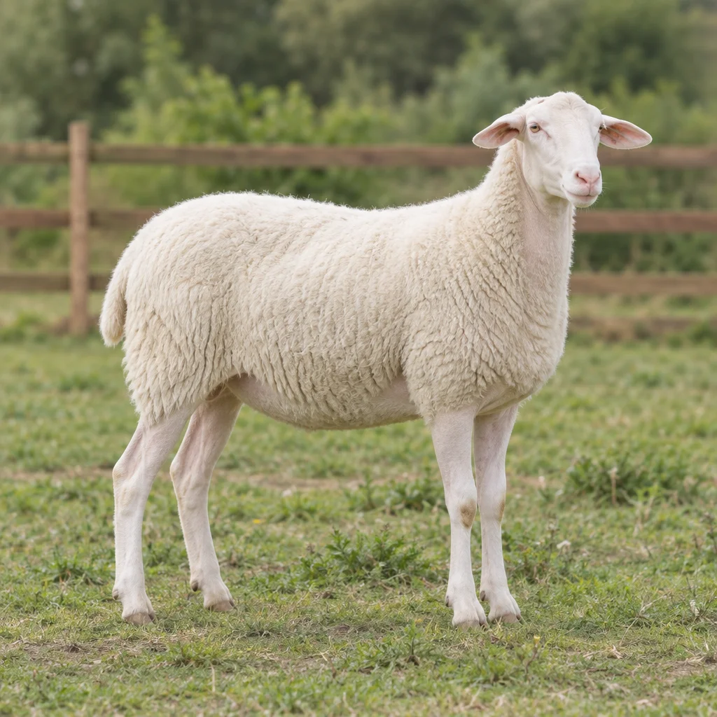 Wit schaap met een lichte kop en poten staat met het hele lichaam zichtbaar in een weiland voor een houten hek.