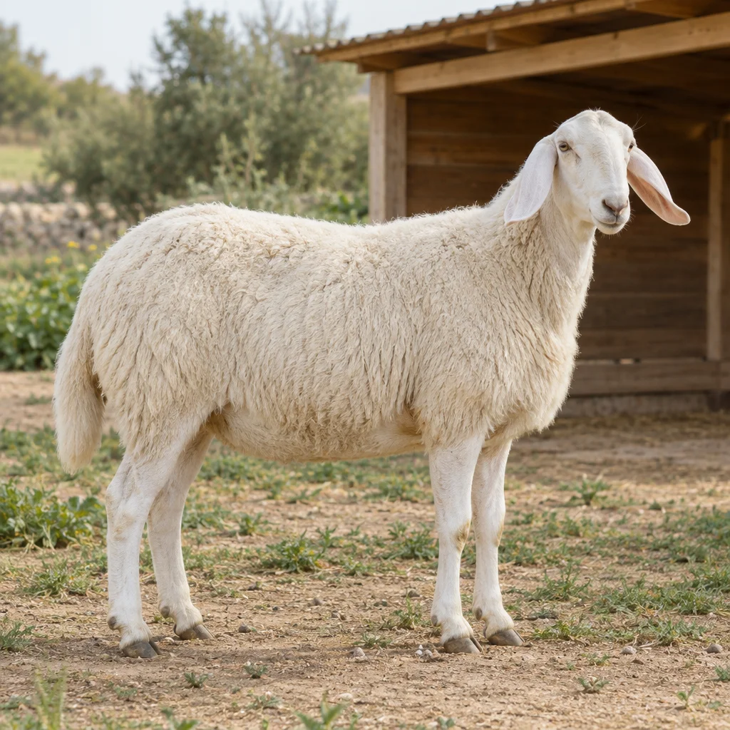 Wit schaap met lange hangoren staat met vier zichtbare hoeven bij een houten schuilplaats.
