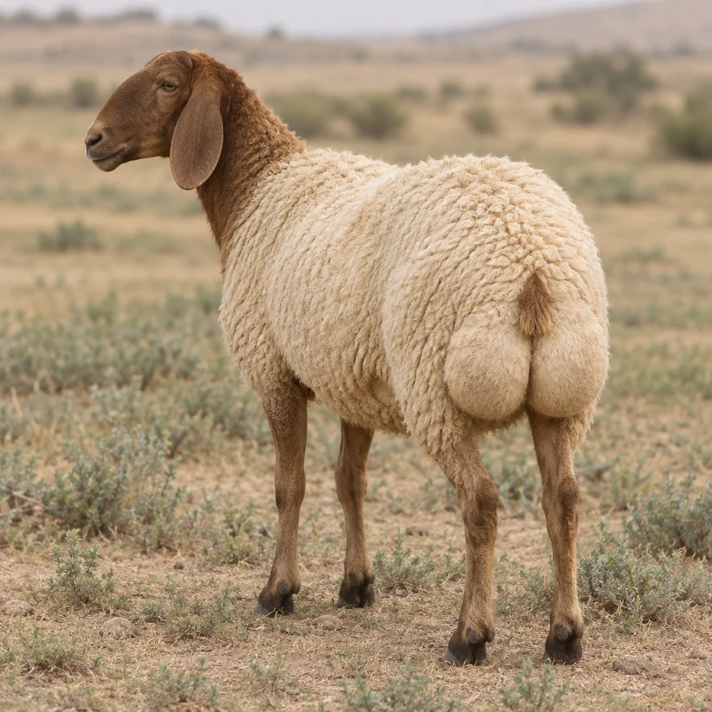 Illustratie van een Awassi schaap met een bruine kop, hangoren, lichte wol en een brede vetstaart in een droog landschap.
