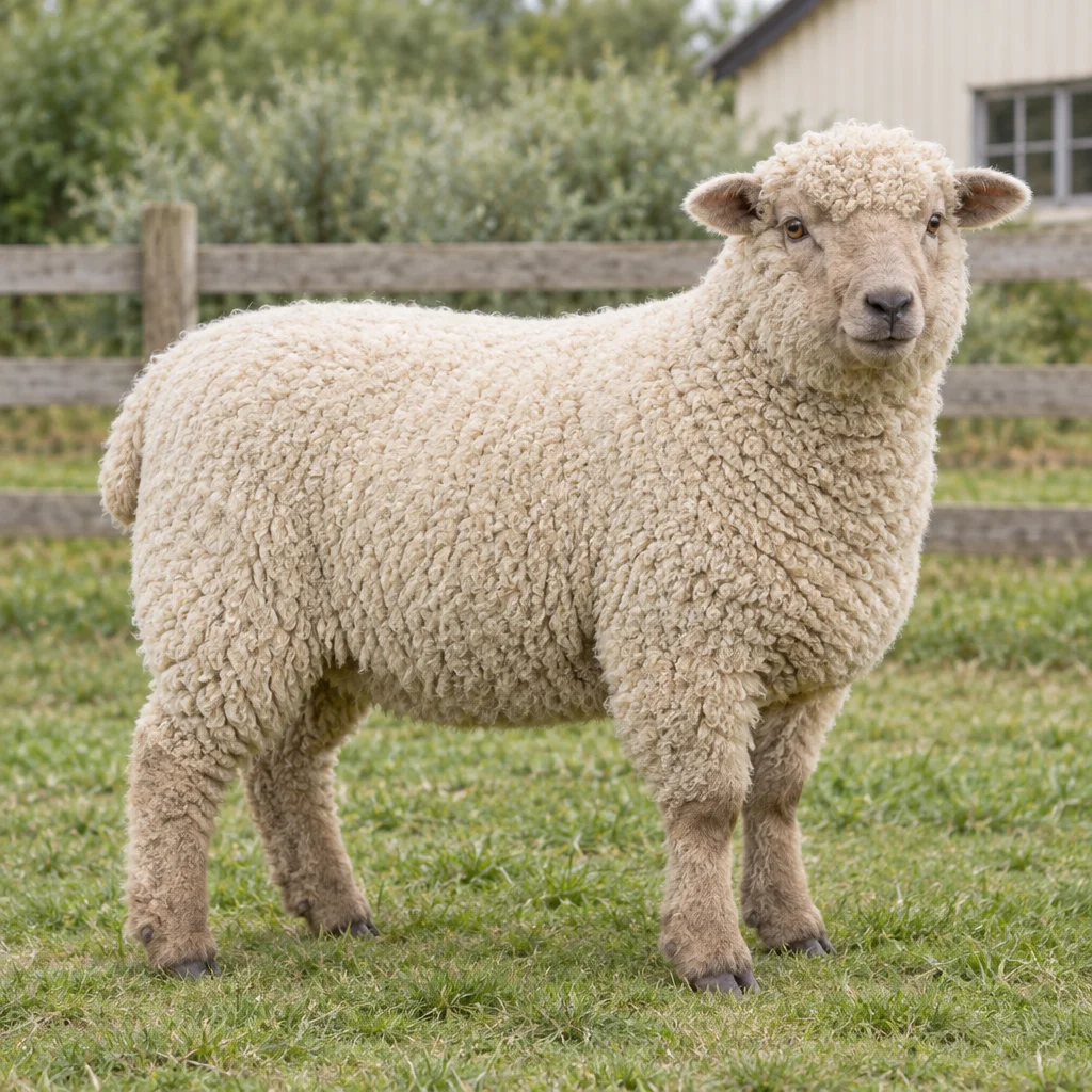 Een compact schaap met crèmekleurige wol en lichtbruine snuit staat op gras voor een houten hek.