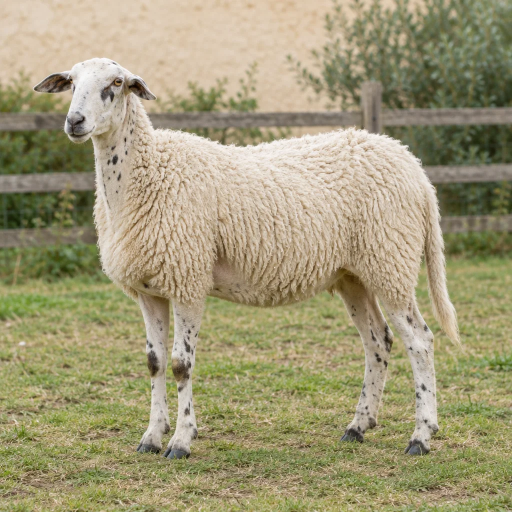 Een wit schaap met donkere spikkels op de kop, hals en poten staat in een grasveld voor een houten hek.