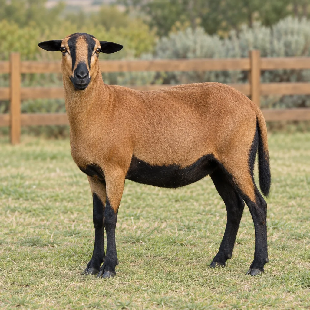 Een hoornloos schaap met een bruine korte vacht, zwarte buik en poten staat op gras voor een houten hek.