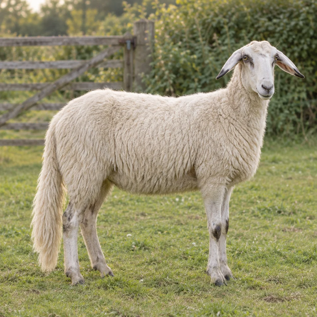 Een wit schaap met lange oren en een lange bewolde staart staat op gras voor een houten hek.