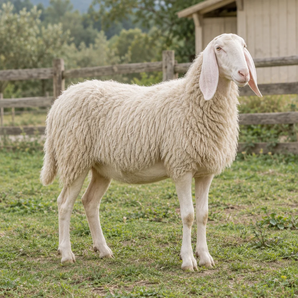 Wit schaap met lange hangende oren staat volledig in beeld bij een houten hek.