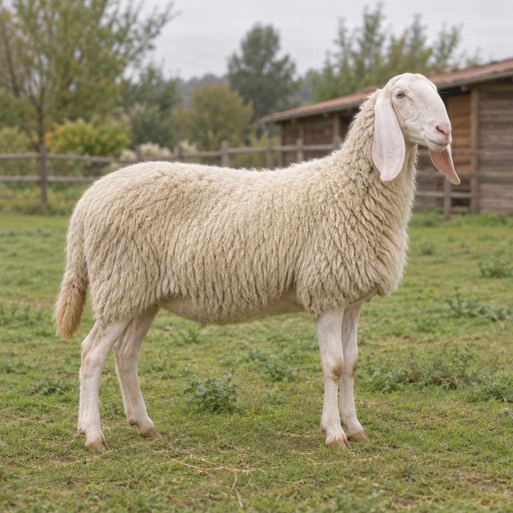 Een groot wit schaap met lange hangoren staat volledig in beeld op gras, met een houten schuur op de achtergrond.