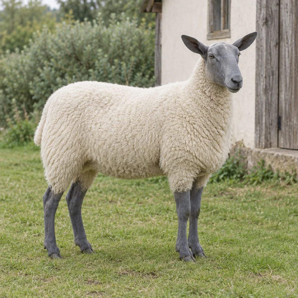Een schaap met witte wol, een onbewolde leigrijze kop en donkere poten staat op gras voor een boerderijgebouw.