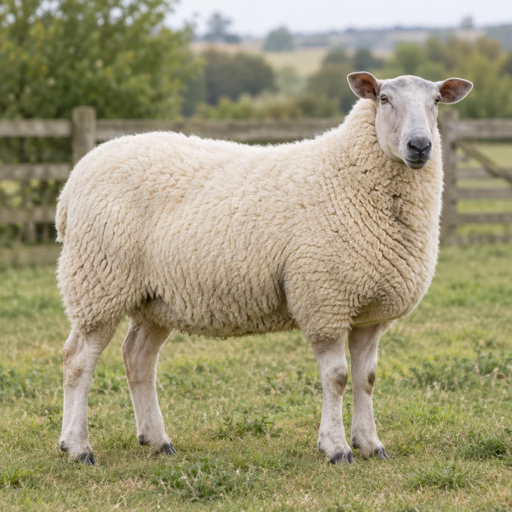Illustratie van een Boulonnais schaap met witte wol en een lichtgrijze kop in een weide.