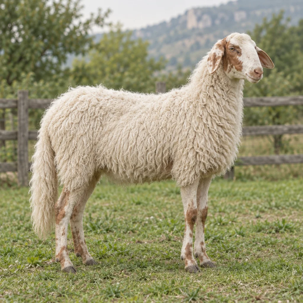 Wit schaap met roodbruine vlekken op kop en poten, staand in een grasweide bij een houten hek.