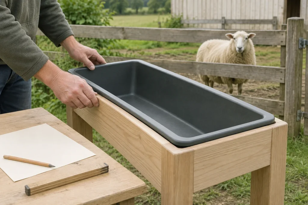 Handen houden een lege donkere voerbak in een houten frame vast. Op een tafel liggen papier, een potlood en een duimstok; achter een hek staat een schaap.