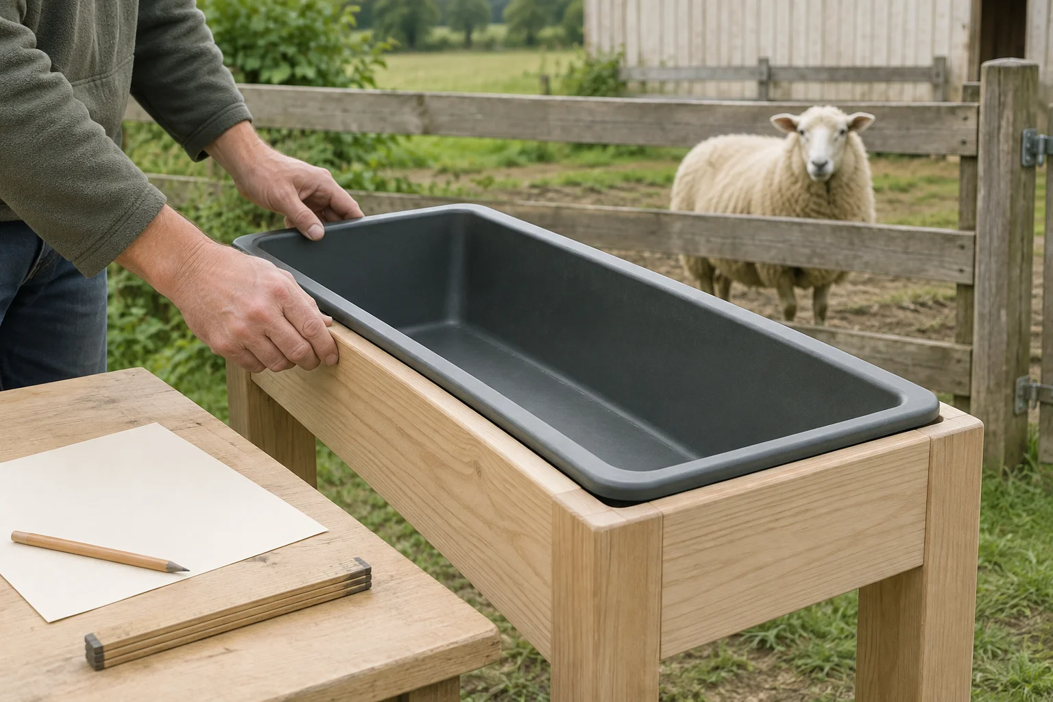 Handen houden een lege donkere voerbak in een houten frame vast. Op een tafel liggen papier, een potlood en een duimstok; achter een hek staat een schaap.