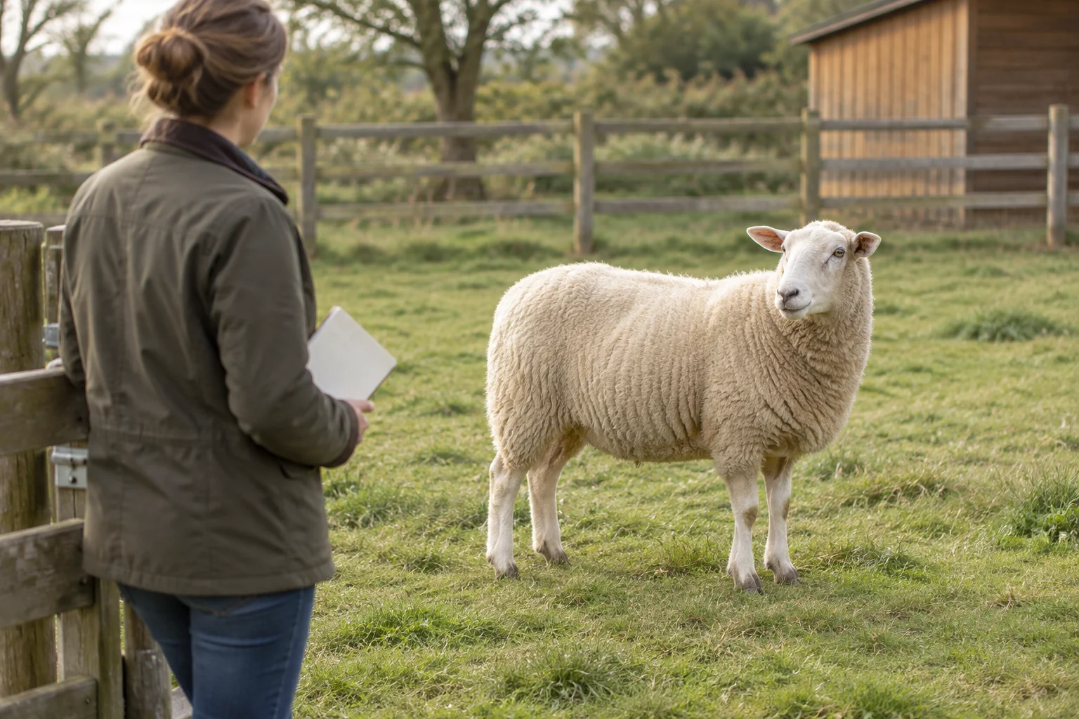 Een persoon met een blanco notitieboek staat bij een houten hek en kijkt naar een schaap in een weiland.