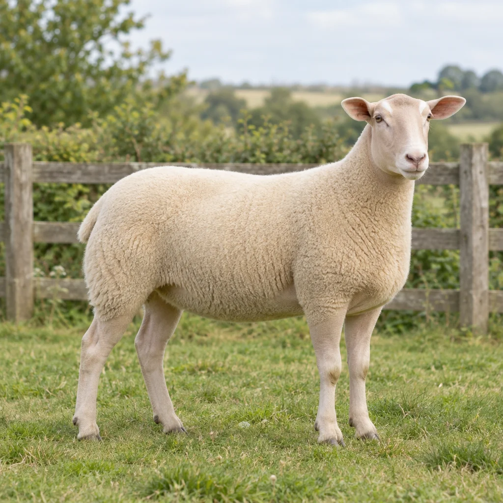 Een lichtgekleurd schaap staat met alle vier de poten zichtbaar in een weiland voor een houten hek.