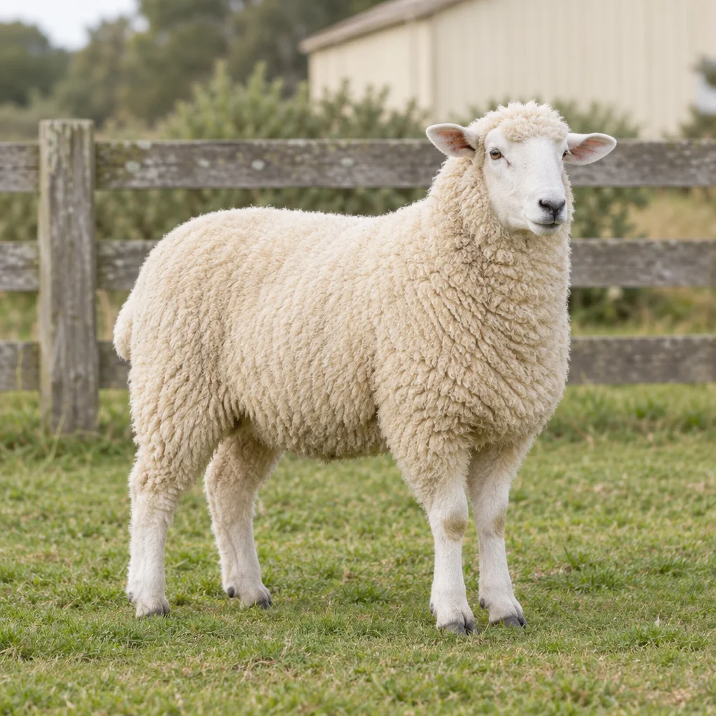 Illustratie van een wit, wollig schaap dat op vier poten in een grasweide bij een houten hek staat.