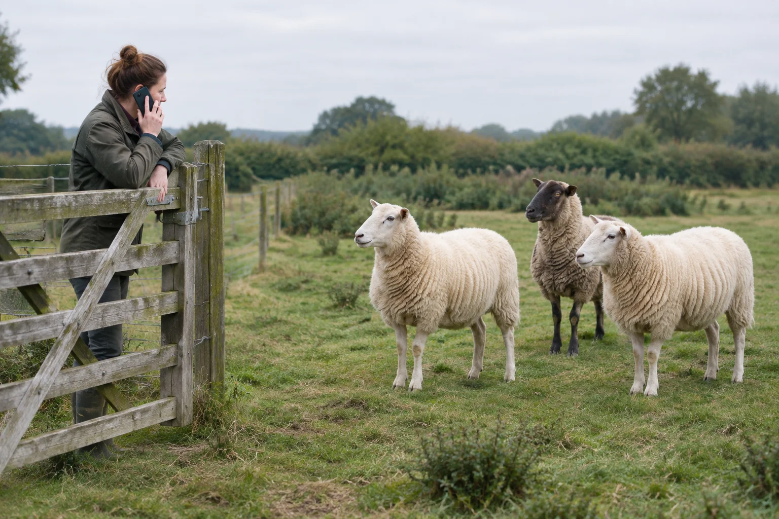 Een schapenhouder staat met een telefoon aan het oor bij een houten hek en kijkt naar drie schapen in de wei.