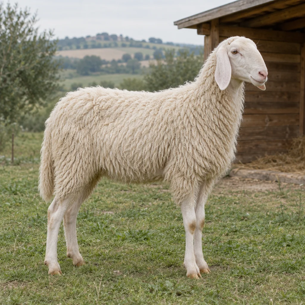 Wit schaap met hangende oren en een licht gebogen neusprofiel staat op gras naast een houten schuilplaats.