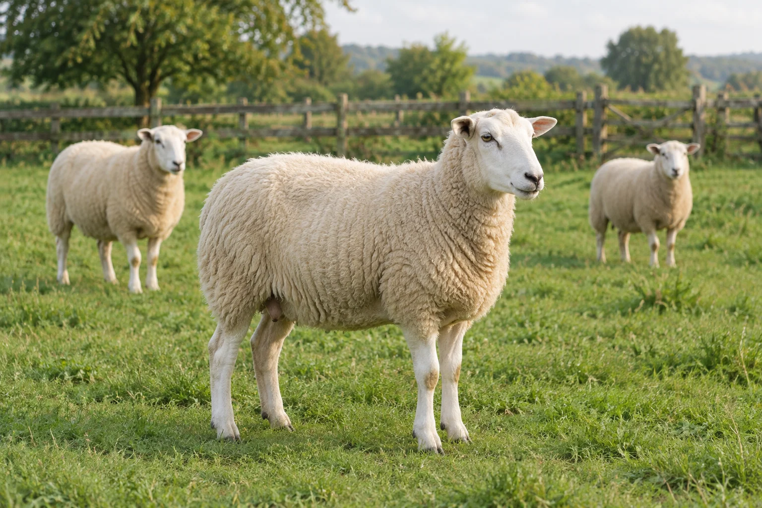 Drie schapen staan in een grasweide met een houten hek op de achtergrond.