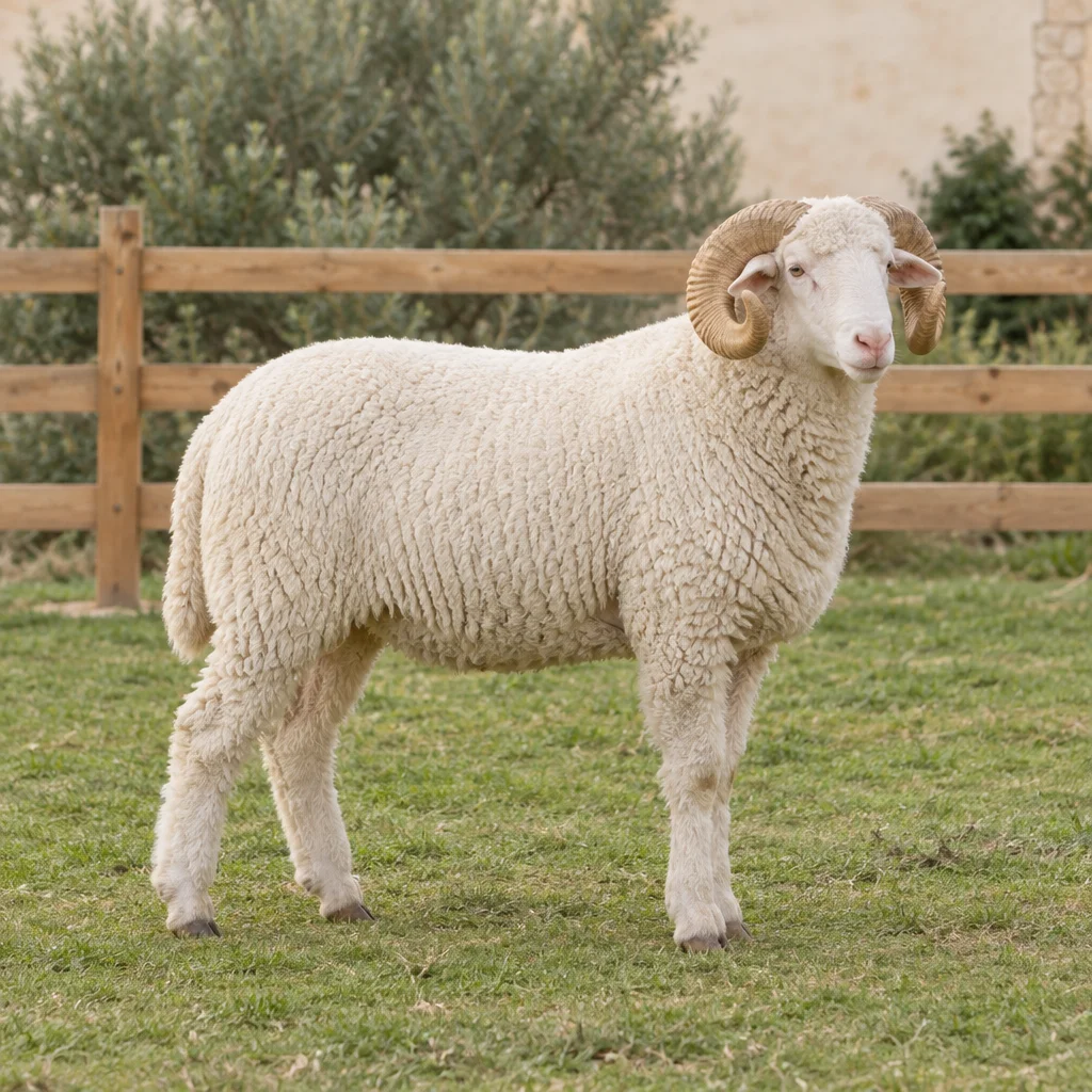 Witte ram met gekrulde hoorns staat op gras voor een houten hek.