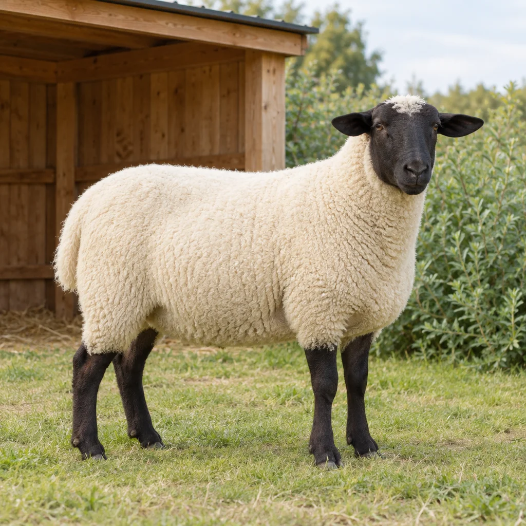 Een schaap met witte wol, een zwarte kop en donkere poten staat op gras naast een houten schuilplek.