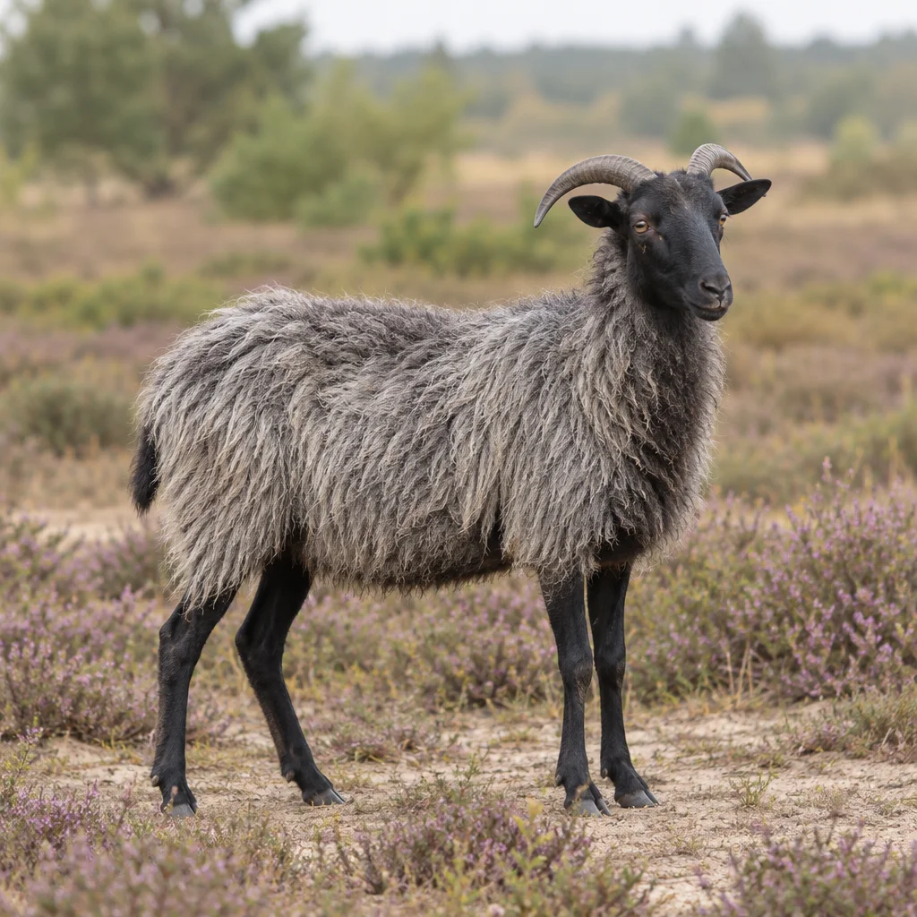 Illustratie van een grijze gehoornde Heidschnucke met donkere kop en poten in een heidelandschap.