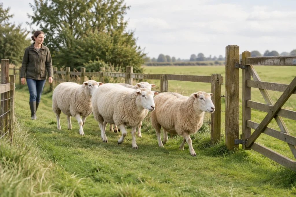 Vier schapen lopen over een graspad langs een houten hek, met een persoon enkele passen achter hen.