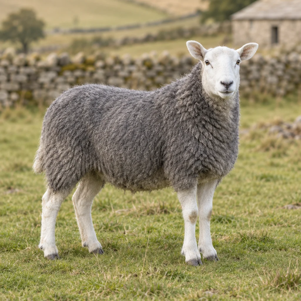 Een hoornloos schaap met een grijze vacht, witte kop en witte poten staat op gras voor een stenen muur.
