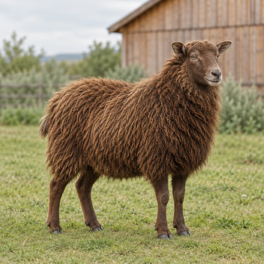 Een bruin, hoornloos schaap staat met alle vier de poten zichtbaar in een weiland, met een houten schuur op de achtergrond.