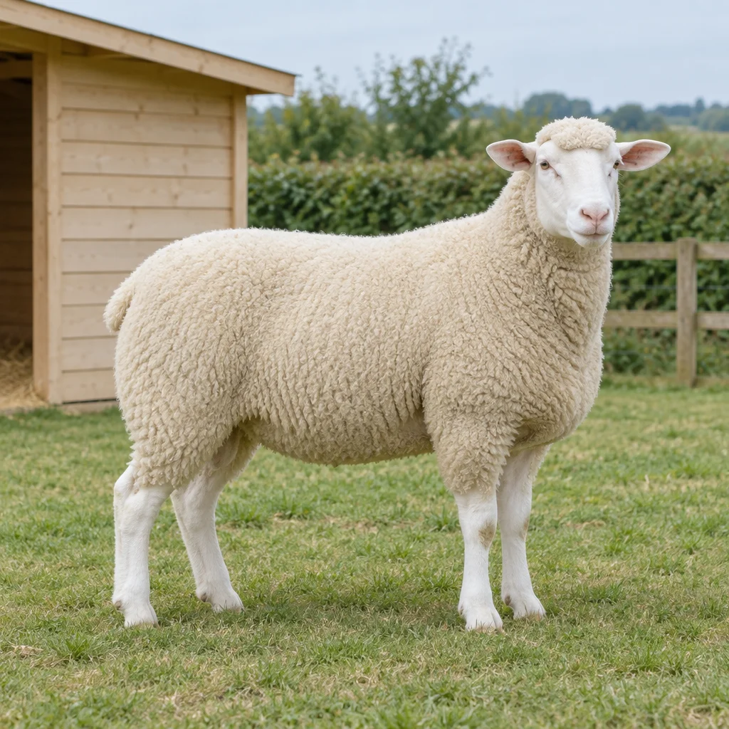 Wit, hoornloos schaap met een brede romp en een wolpluk op het voorhoofd in een weide naast een houten schuilhok.