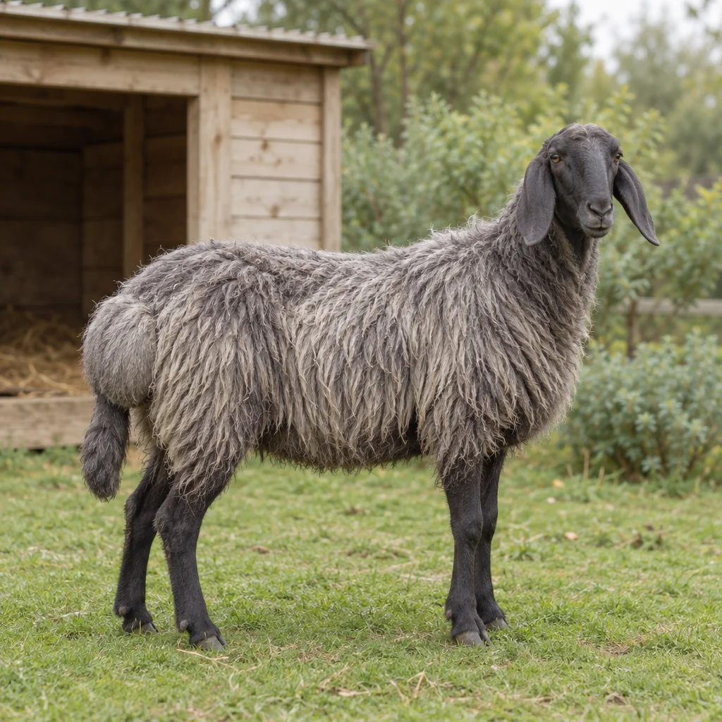 Grijswollig schaap met donkere kop, hangoren en brede staart staat op gras naast een houten schuilplaats.