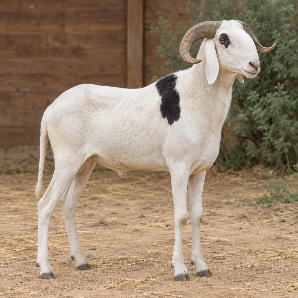 Wit schaap met zwarte vlek op de schouder en gekromde hoorns, volledig in beeld op een erf met zandgrond en een houten wand.