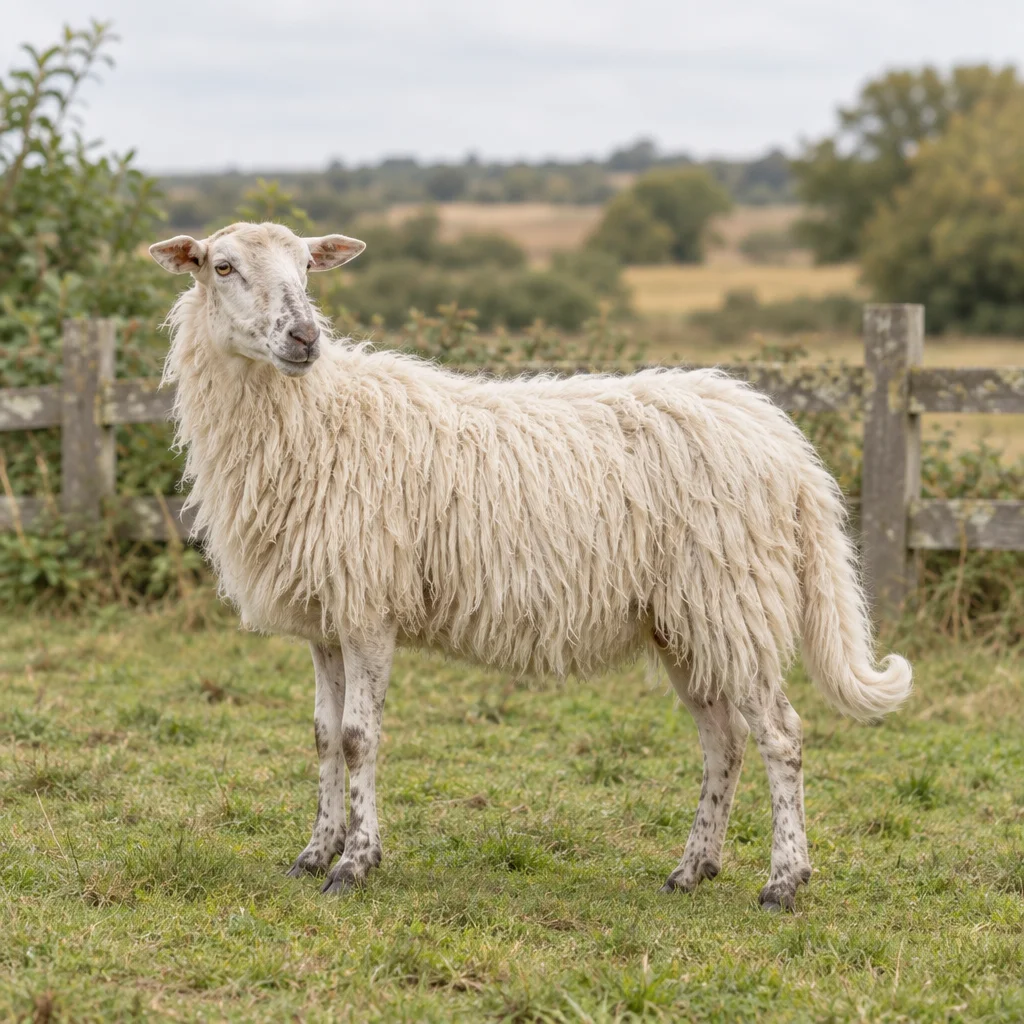 Een wit schaap met lange, losse wol, een gevlekte snuit en poten en een gekromde staart staat in een grasweide bij een houten hek.