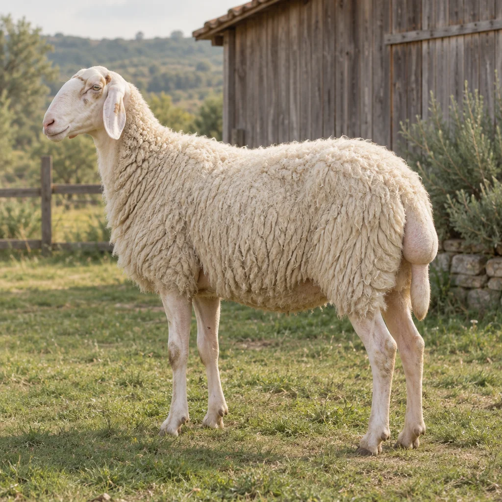 Illustratie van een wit Laticauda schaap met laag gedragen oren en een brede vetstaart, staand op gras bij een schuur.