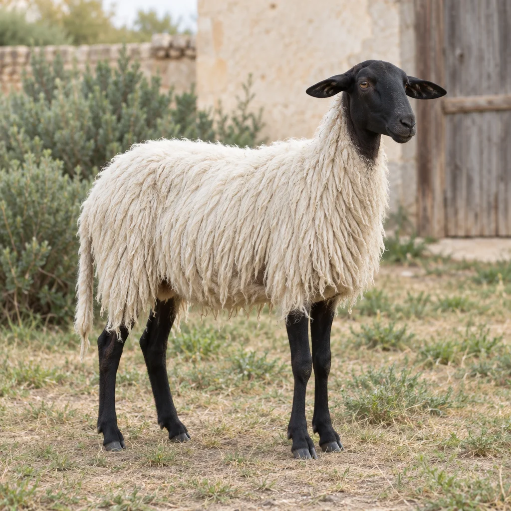 Een schaap met witte, loshangende wol, een zwarte kop en zwarte poten staat op droog gras voor een lichte boerderijmuur.