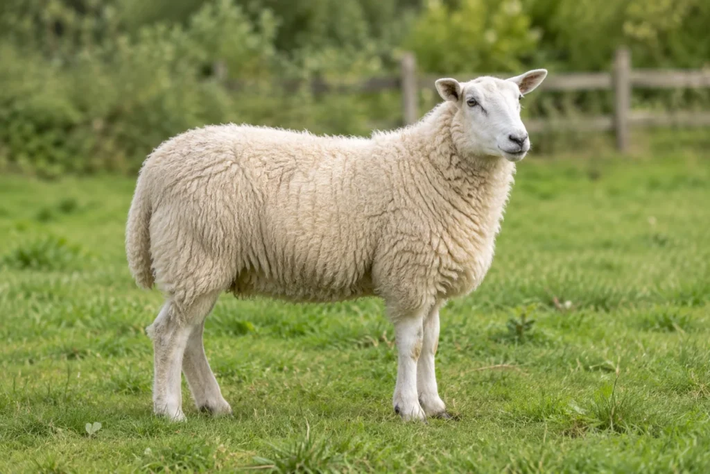 Een wit schaap staat in een groene weide met een hek op de achtergrond.
