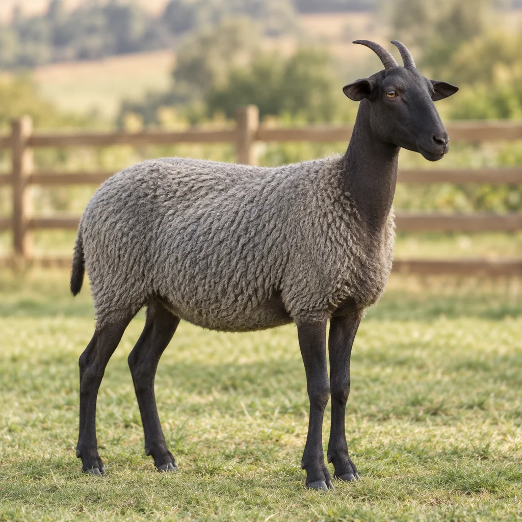 Illustratie van een Massese schaap met grijze vacht, donkere kop en poten en twee hoorns in een omheinde weide.