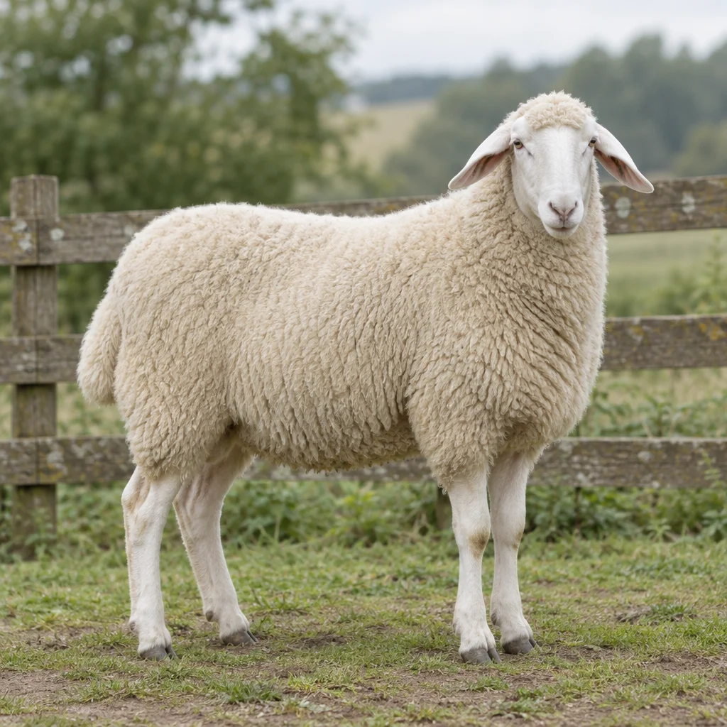 Wit schaap met een volle vacht, een lichte wollige kuif en brede, licht hangende oren staat met alle vier de poten zichtbaar voor een houten hek.