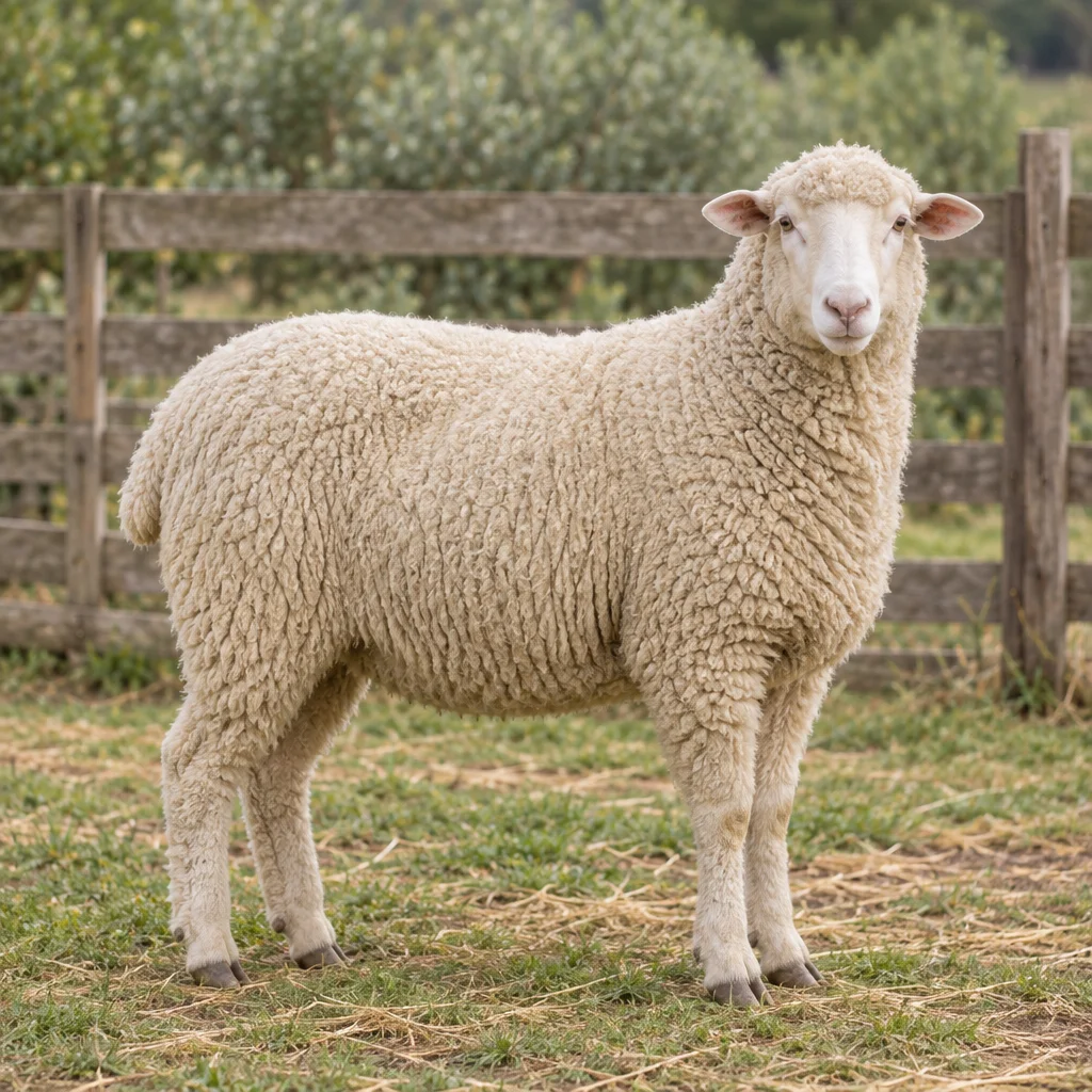 Illustratie van een wit schaap met een dichte, gekrulde vacht in een omheinde weide.