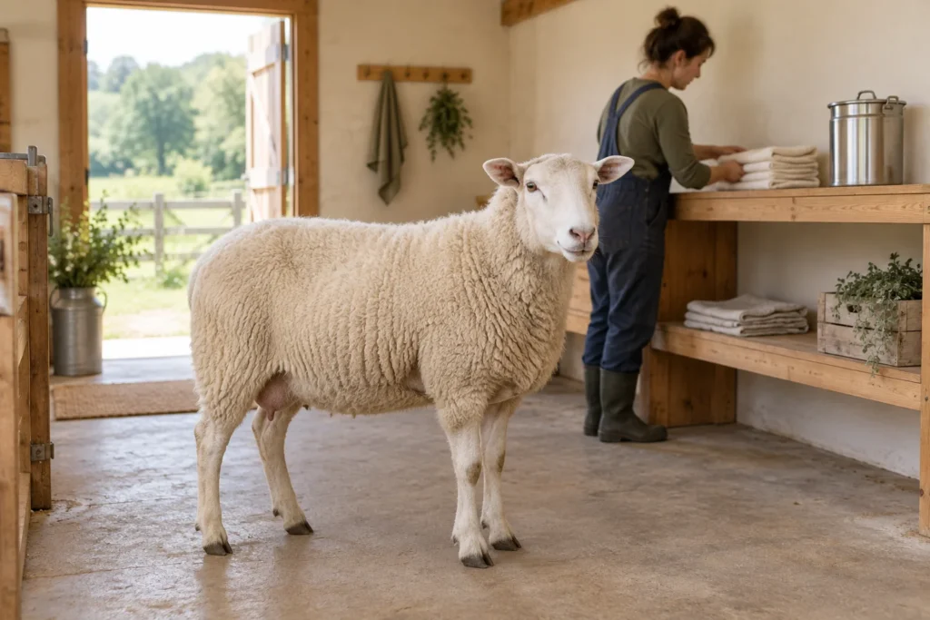 Wit schaap staat in een lichte werkruimte terwijl een persoon doeken neerlegt op een plank naast een afgesloten metalen melkbus.