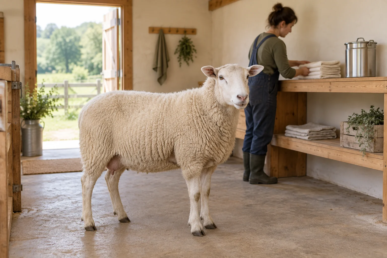 Wit schaap staat in een lichte werkruimte terwijl een persoon doeken neerlegt op een plank naast een afgesloten metalen melkbus.