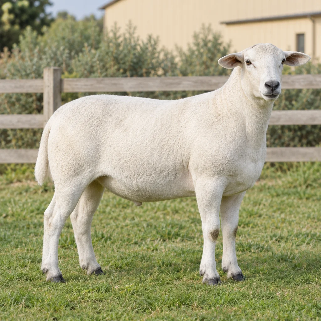 Een wit schaap met een korte vacht, donkere neus en donkere hoeven staat op gras voor een houten hek.