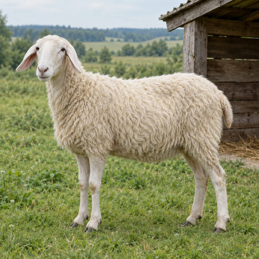 Illustratie van een wit hoornloos schaap bij een houten schuilstal.