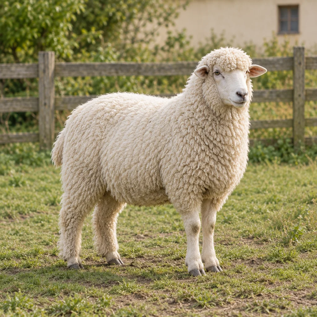 Illustratie van een wit schaap met een dichte, gekrulde vacht in een omheinde weide.