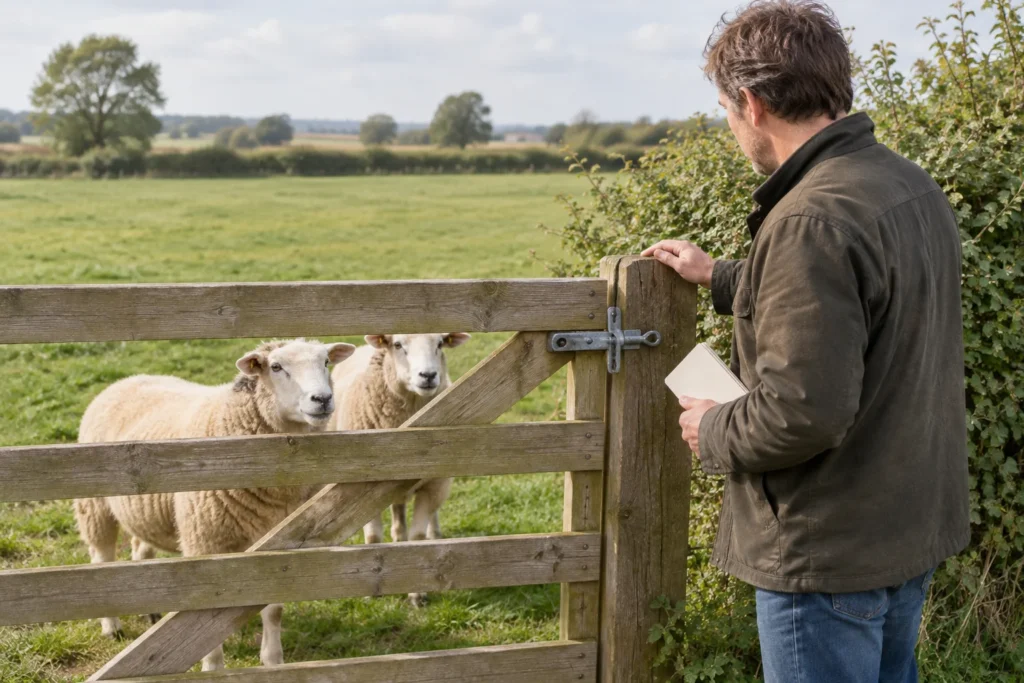 Een houder staat met een leeg notitieboekje bij een gesloten houten weidehek. Twee schapen staan aan de andere kant van het hek.