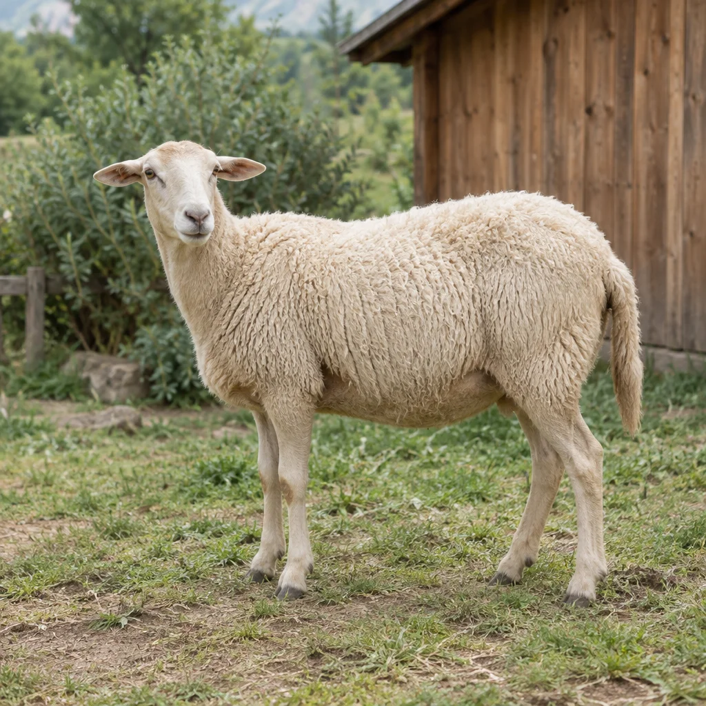 Illustratie van een lichtgekleurd schaap met een onbewolde kop en zijwaarts gerichte oren, staand op gras bij een houten schuur.