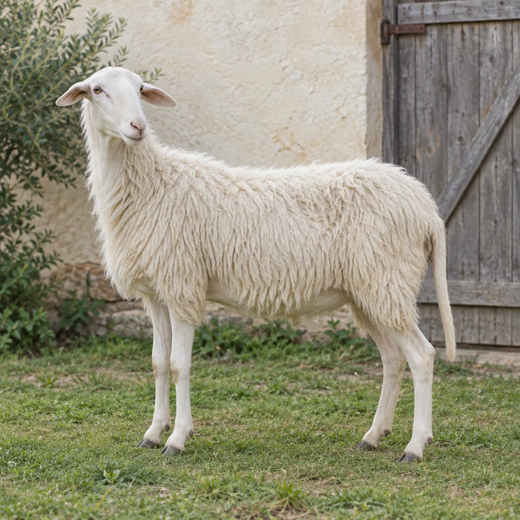 Illustratie van een wit schaap met een open wolvacht, zijwaartse oren en een lange staart, staand op gras bij een houten staldeur.