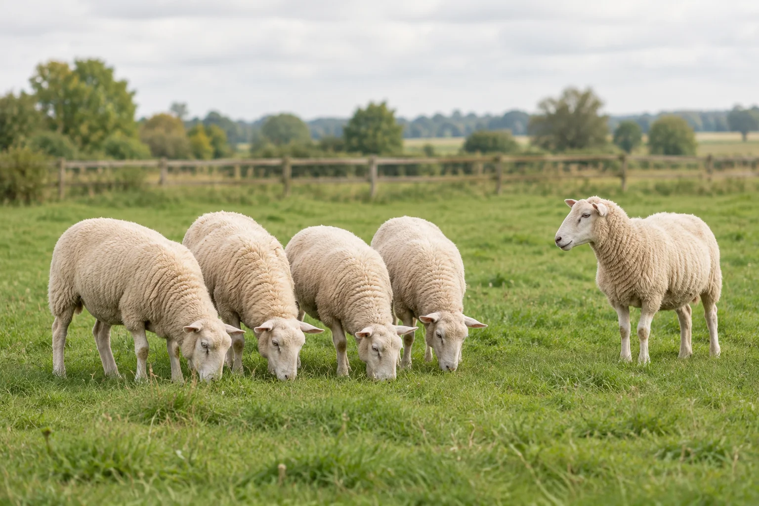 Vier schapen grazen in een groene wei, terwijl een vijfde schaap iets verderop staat.