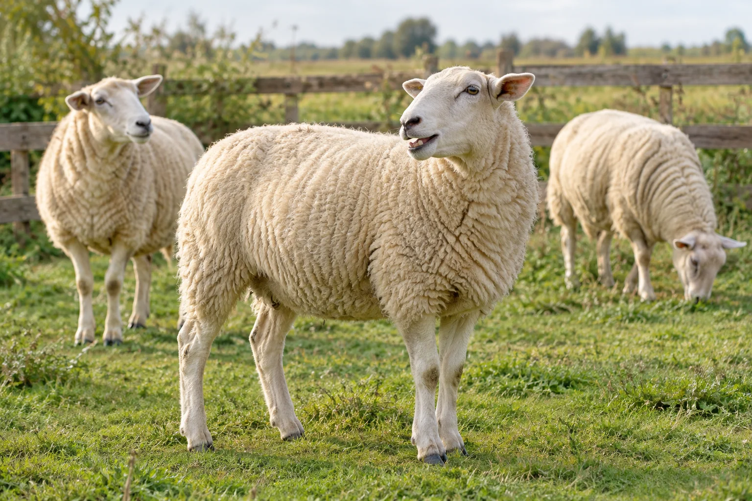 Een wit schaap staat met open bek in een weiland, met twee andere schapen bij een houten hek.