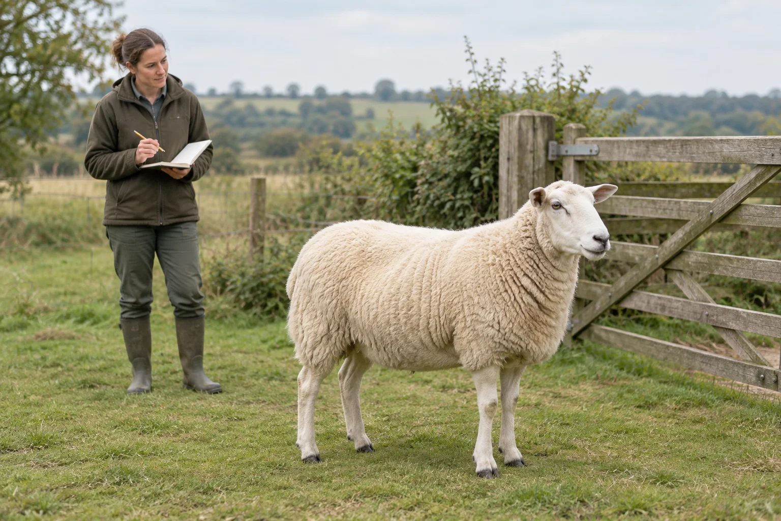 Een wit schaap staat bij een houten hek terwijl een houder ernaast met een leeg notitieboek en potlood staat.